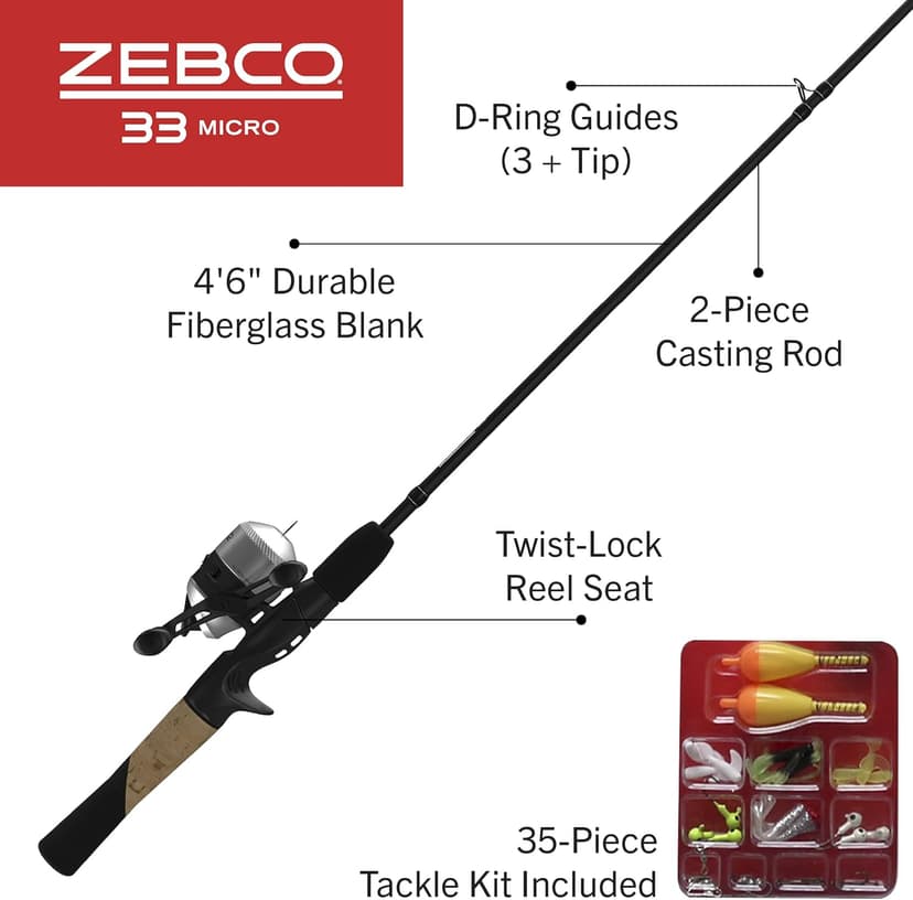 Zebco 33 Micro Spincast Reel and Fishing Rod Combo, 2-Piece Rod with Durable Fiberglass Fishing Pole, Quickset Anti-Reverse Fishing Reel with Bite Alert