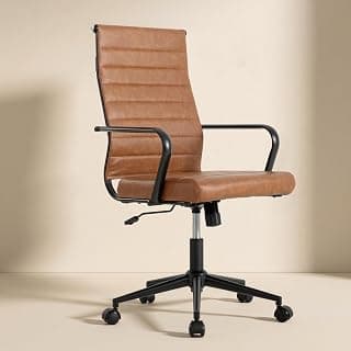 Okeysen Leather Office Desk Chair, Mid-Century Modern Leather Conference Room Chairs, Ergonomic Executive Ribbed Height Adjustable Swivel Rolling Chair for Home Office.