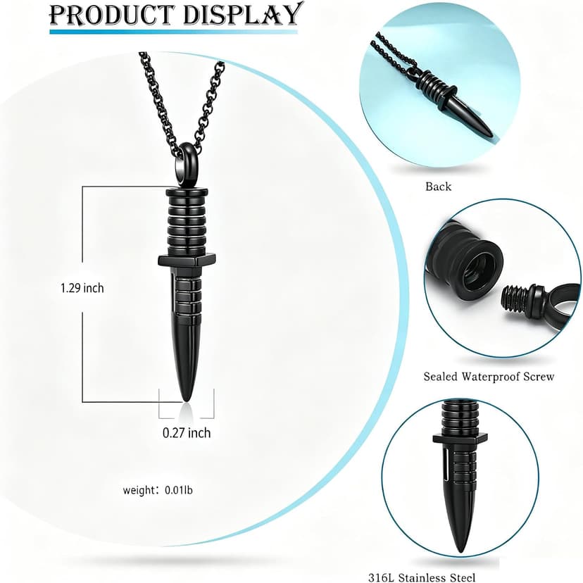 Stainless Steel Memorial Necklace Keepsake Pendant Ash Holder for Pet Human Urn Jewelry Funeral Memorial Gift with Fill Tool Hearbeingt Knife Dagger Urn Necklaces for Men Cremation Jewelry for Ashes B076WW6TZR