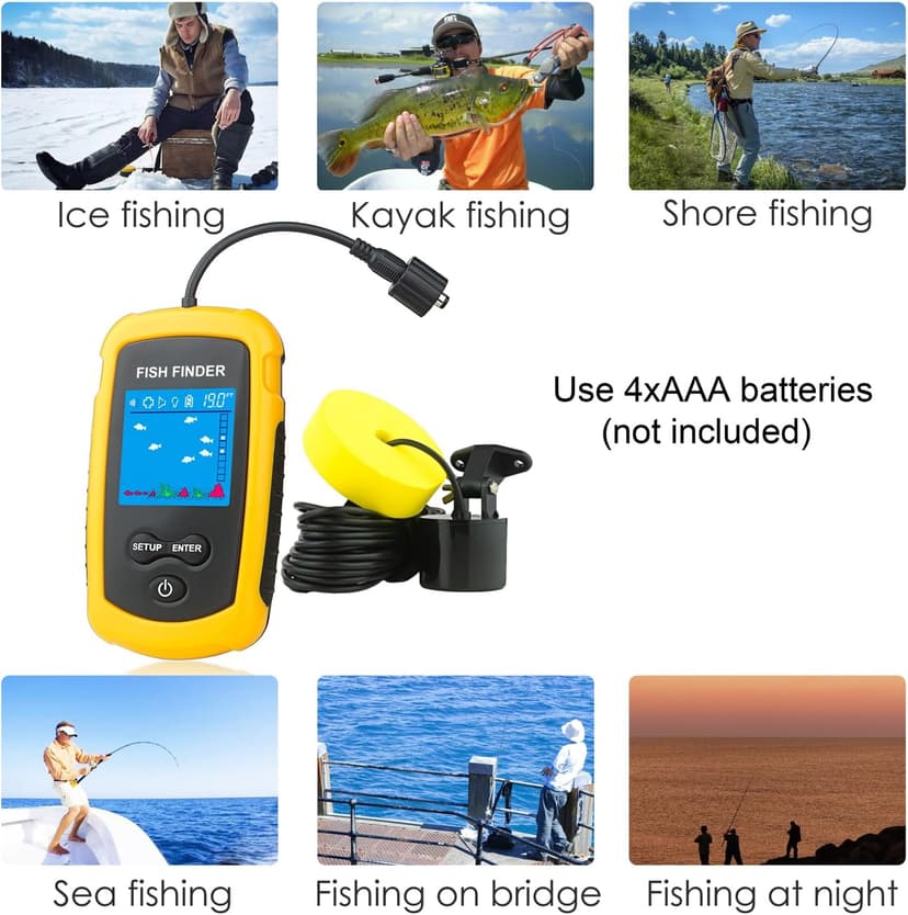 Venterior Portable Wired Fish Finder Ice Kayak Fishing Gear Water Depth Finder Handheld Fishfinder LCD Display Sonar Transducer