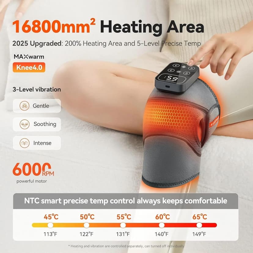Cordless Knee Massager with Heat Vibration for Pain Relief, MAXwarm 4.0[2025 Upgraded] - Electric Heated Knee Brace with 5 Heat Levels and 3 Massage Mode, Gifts for Men Women (Grey, Pair)