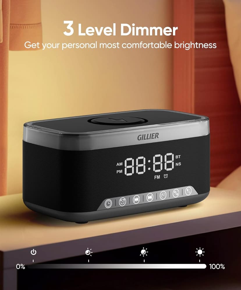 GILLIER Wireless Charging Alarm Clock Radio for Bedrooms – 15W Fast Wireless Charger Station for iPhone/Samsung, Bluetooth Stereo Speaker with FM Radio, Dimmable Display, USB Port, Sleep Timer, Black