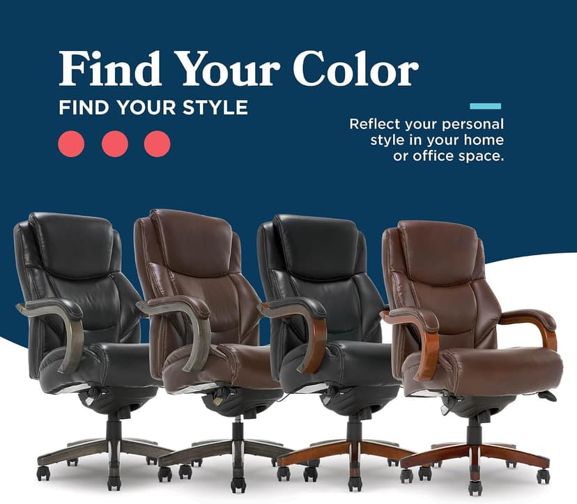 La-Z-Boy Delano Big and Tall Executive Office Chair - Ergonomic Lumbar Support Memory Foam - Bonded Leather Desk Chair for Home Office - Mahogany Wood Arms - Chestnut Brown