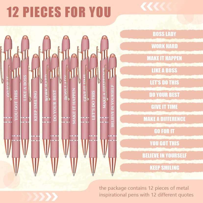 Rose Gold Funny Pens with Stylus Tip & Sayings for Back to School Essentials Home, Office, Teacher Supplies Zonon 12 Pcs Inspirational Pens, Motivational Ballpoint Pen Gifts for Women B0B4T388TH