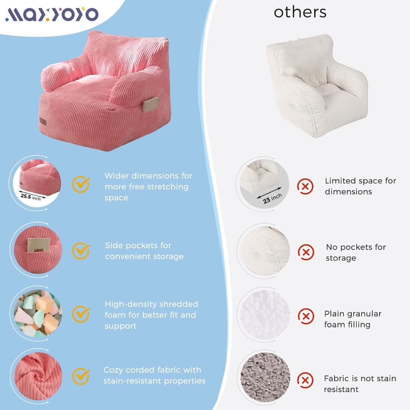 MAXYOYO Kids Bean Bag Chair, Stuffed Toddler Bean Bag Sofa with Filler Bean Bag Chair for Boys and Girls, Lazy Sofa with Pocket Floor Chair for Gaming, Reading, Pink