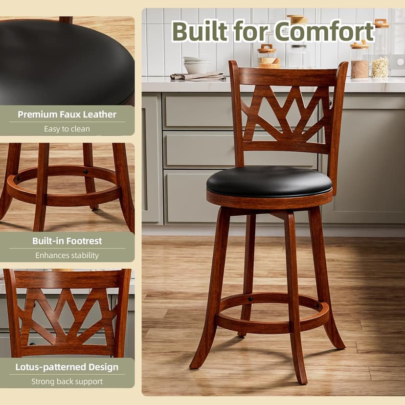 Swivel Barstools Set of 4, Farmhouse 24" Counter Height Bar Stools with Backs, Lotus Pattern Carved Bar Chair with Solid Wood Legs & Footrest for Kitchen Island, Home Bar, Pub. Brown