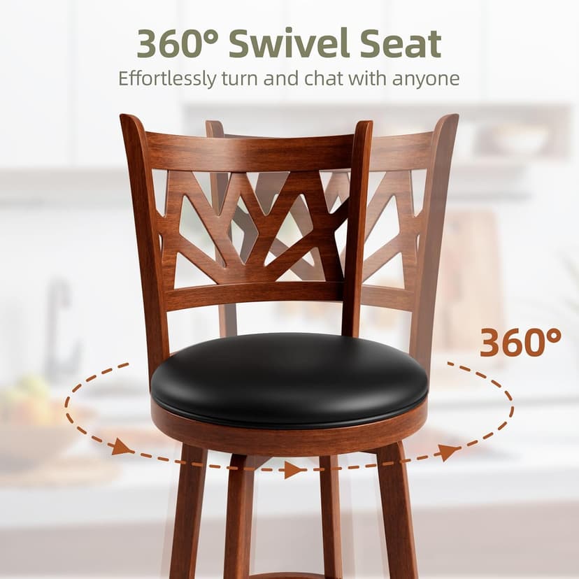 Swivel Barstools Set of 4, Farmhouse 24" Counter Height Bar Stools with Backs, Lotus Pattern Carved Bar Chair with Solid Wood Legs & Footrest for Kitchen Island, Home Bar, Pub. Brown
