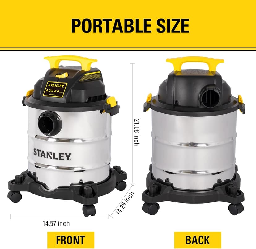 STANLEY SL18116 Wet/Dry Vacuum, 6 Gallon, 4 Horsepower, Stainless Steel Tank, 4.0 HP, Silver+Yellow