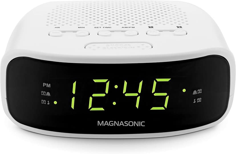 Magnasonic Digital AM/FM Clock Radio with Battery Backup, Dual Alarm, Sleep & Snooze Functions, Display Dimming Option,White (EAAC201)