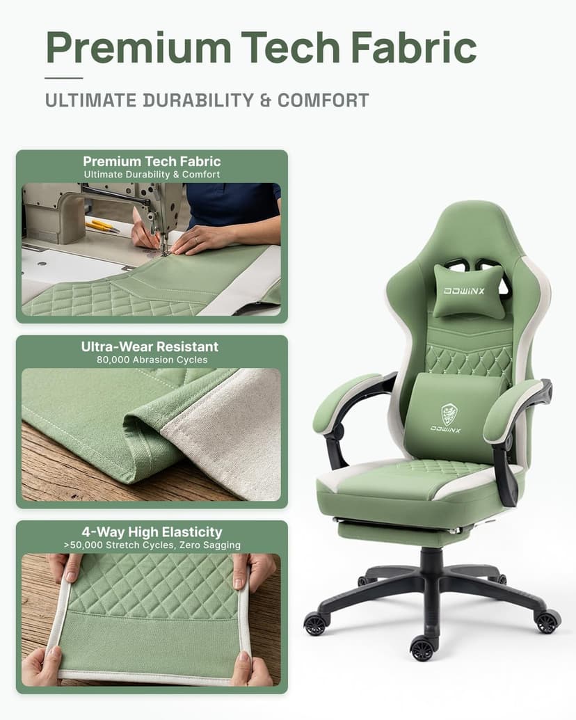 Dowinx Gaming Chair Breathable Fabric Game Chair with Gel Pad and Storage Bag, Comfortable Gamer Chair with Pocket Spring Cushion, Ergonomic Computer Chair with Footrest, Green