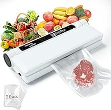 Food Vacuum Sealer Machine, 75KPA Strong Suction, Dry/Wet Modes, 20 Vacuum Seal Bags for Food, Digital Countdown Timer, Compact Lightweight, Ideal for Home Kitchen Use