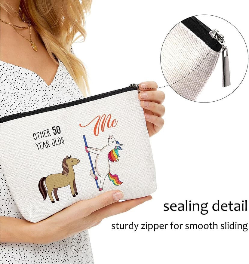 Blue Leaves 50th Birthday Gifts for Women - 1975 Birthday Gifts for Women, 50 Years Old Birthday Gifts Makeup Bag for Mom, Wife, Friend, Sister, Her, Colleague, Coworker(Makeup bag-50th Unicorn)