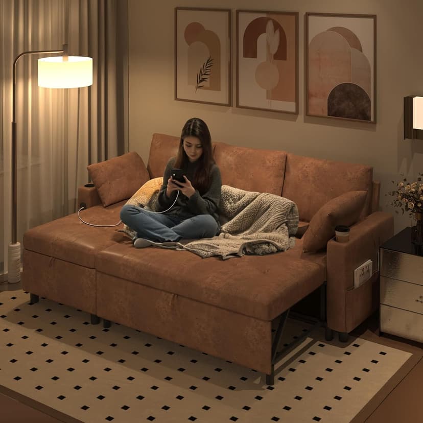 JFHID Leather Sleeper Sofa Couch with Pullout Bed, 80'' Sofa Bed Pull Out Couch with Reversible Storage Chaise, Sectional Couches with USB Charging Ports&Cup Holders for Living Room, Brown