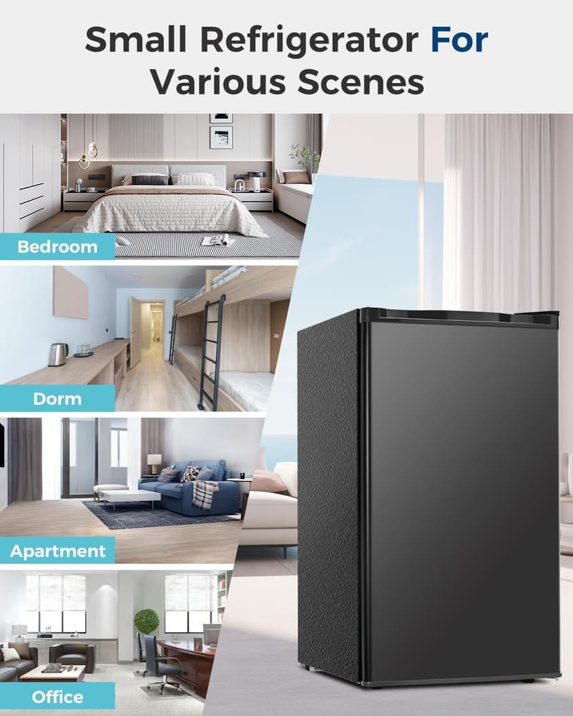 Feelfunn Mini Fridge with Freezer - 3.2 Cu.Ft Single Door Mini Refrigerator with Adjustable Thermostat, Small Fridge for Bedroom, Apartment, Dorm - Black
