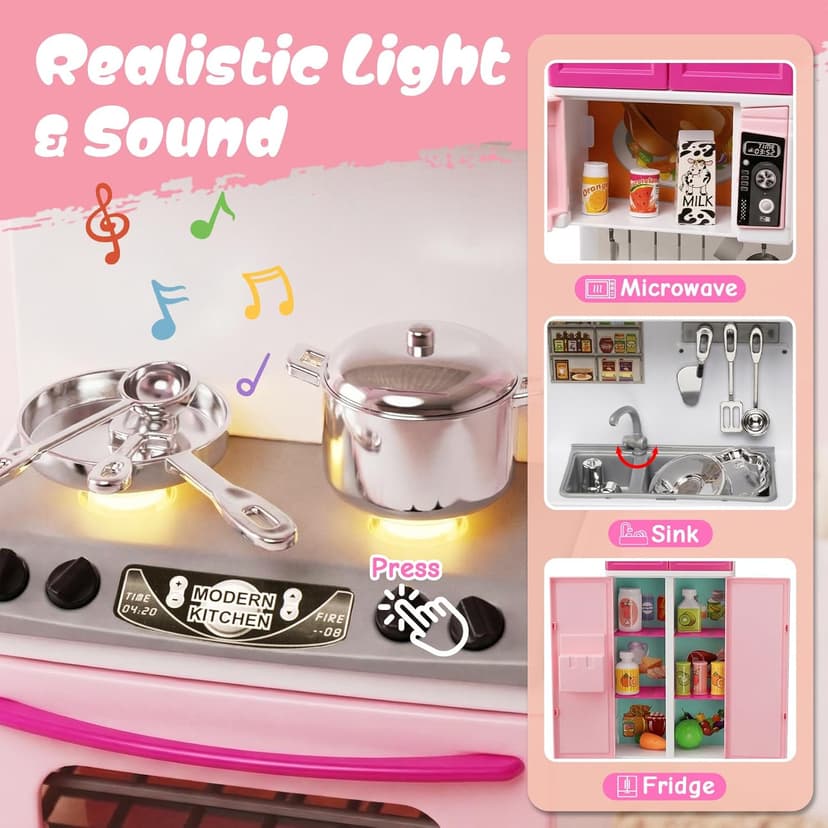 5 in 1 Kids Kitchen Playset Toys with Light & Sound, Doll House Furniture Accessories, 64 PCS Pretend Cooking Food Set, Play Kitchen for Toddlers, Gifts for Girl Ages 3-5 Year Old