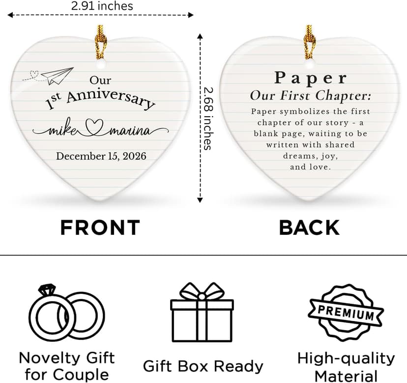 Personalized 1st Anniversary Ornament 2026, Christmas Hanging for Couple, First Wedding Gift Ideas for Her, 1 Year Paper Anniversary Ceramic Ornament for Husband&Wife, Married Decoration B0FVRNPN6F