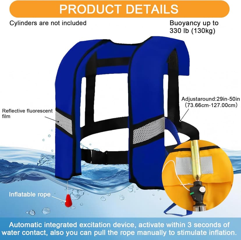 3-Pack Life Jackets for Men Women - 150N Automatic Inflation Swim Vest with Reflective Strips & Safety Buckle ~ Lightweight &Breathable