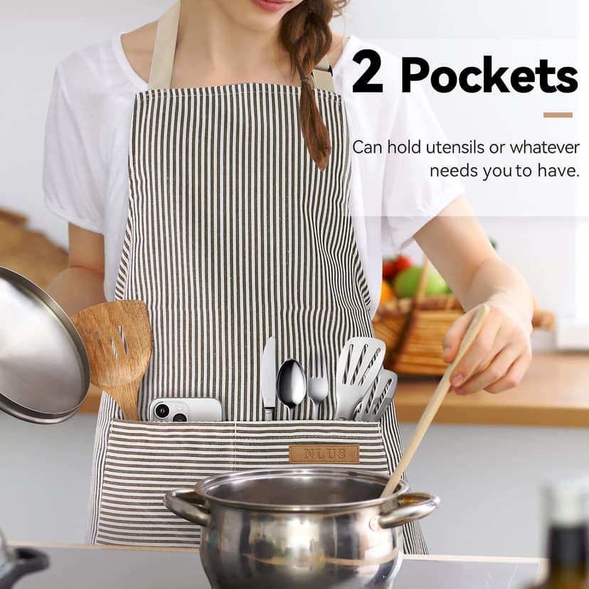 NLUS 2 Pack Kitchen Cooking Aprons, Adjustable Bib Soft Chef Apron with 2 Pockets for Men Women(Black/Brown Stripes) B08F79GXXM