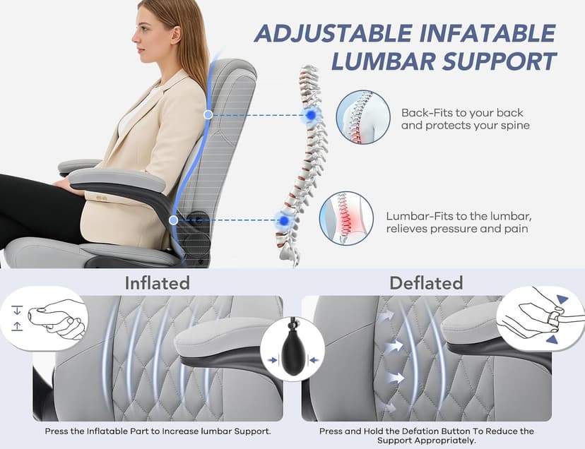 Office Chair with Adjustable Inflatable Lumbar Support,Leather Ergonomic Computer Desk Chair with Flip-up Arms,Adjustable Tilt Lock,Swivel Rolling Executive PC Chair for Work,Study,Meeting.Grey
