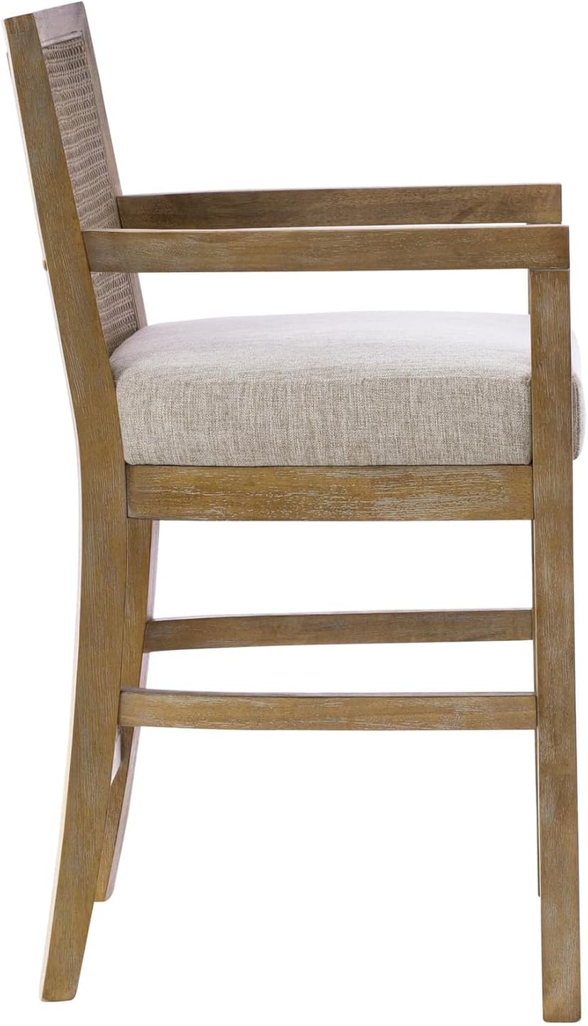 Madison Park Bar Stool with Rattan Back, Wood Counter Height Barstools, Farmhouse Stools with Open Arm Design, Mid-Century Modern Upholstered Bar Chair for Kitchen Island, 18.5" D x 18.5" W x 25.5" H