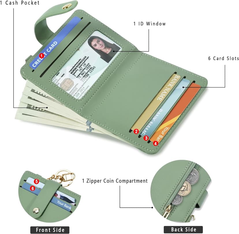 Airkit Small Wallets Woman RFID Blocking Leather Credit Card Holder - with ID Window - Card Wallets for Women - with Zipper Coin Purse - Keychain Wallet