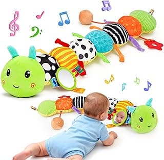 Baby Sensory Toy 0-6 Month Music Animal Stuffed Plush Caterpillar Toy for Infant 0-3-6-12 Month Old Tummy Time with Baby Mirror Crinkle Rattle Carseat Toys for Newborn Boys Girl Shower Gifts