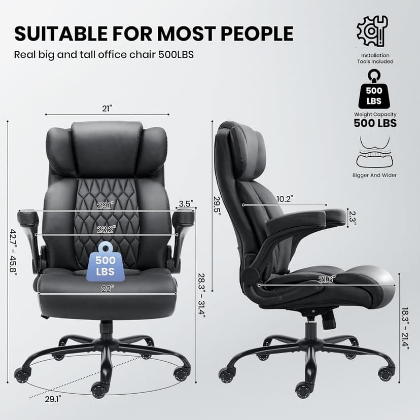 500lbs Big and Tall Office Chair Adjustable Lumbar Support for Back Pain, Extra Wide Seat Executive Office Chair Thick Armrest Pad, Heavy Duty Base&Upgraded Wheels, Ergonomic Comfy Computer Desk Chair