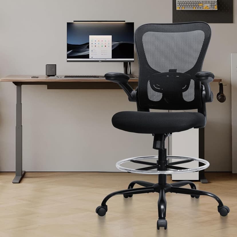 Drafting Chair, Ergonomic Tall Office Chair for Standing Desk, Counter Height Desk Chair with Adjustable Padded Armrests and Footrest Ring Standing Desk Chair Adjustable Height with Lumbar Support