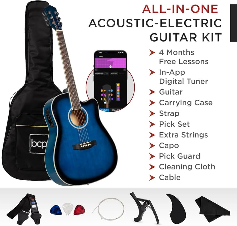 Best Choice Products Beginner Acoustic Electric Guitar Starter Set 41in w/All Wood Cutaway Design, Carrying Case, Strap, Picks, Cable - Blue