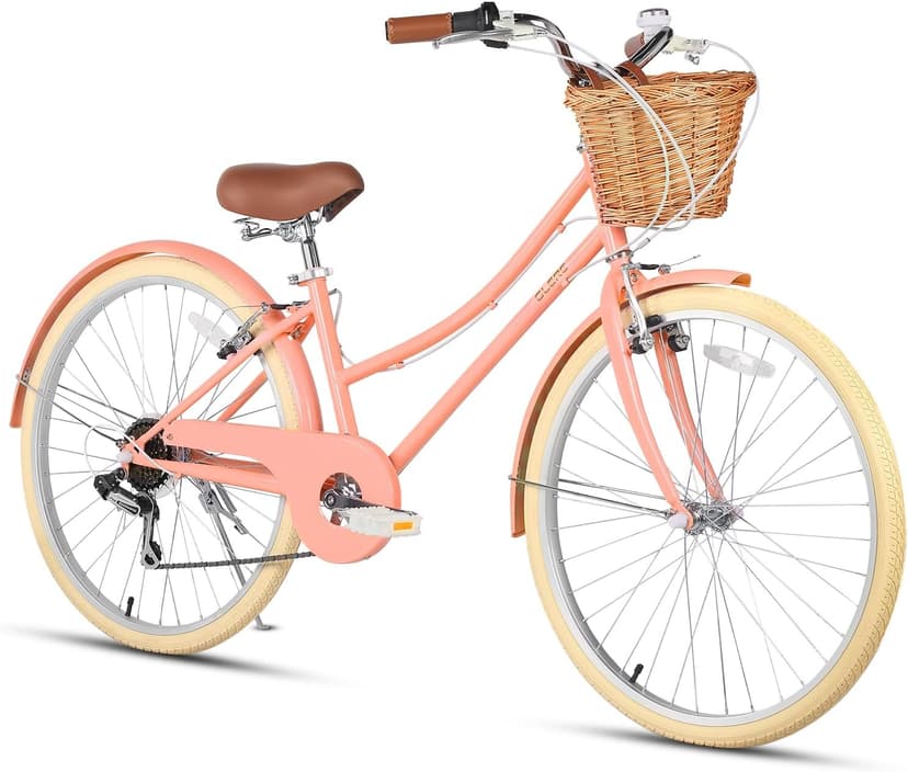 Glerc 20 24 26 Inch Beach Cruiser Bike, 6-Speed Hybrid City Bicycle for Girls Youth and Over 6 Years Old, Missy Bike with Wicker Basket & Lightweight, Multiple Colors