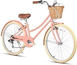 Glerc 20 24 26 Inch Beach Cruiser Bike, 6-Speed Hybrid City Bicycle for Girls Youth and Over 6 Years Old, Missy Bike with Wicker Basket & Lightweight, Multiple Colors