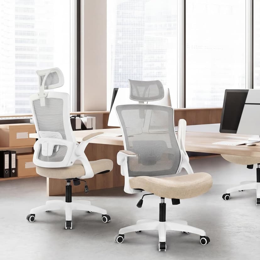 NEO CHAIR Office Desk Chair Gaming Computer High Back Support Mesh Comfy Seat with Adjustable Ergonomic Headrest Lumbar Rolling Flip-up Armrests and Wheels (Beige)