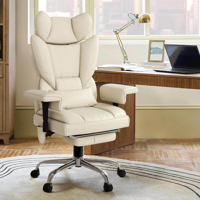 Massage Office Chair with Heat - 6 Points Vibration 400LBS Leather Reclining Office Chair with Lumbar Pillow, Adjust Headrest and Armrest, Executive Desk Chair for Home Office, Beige