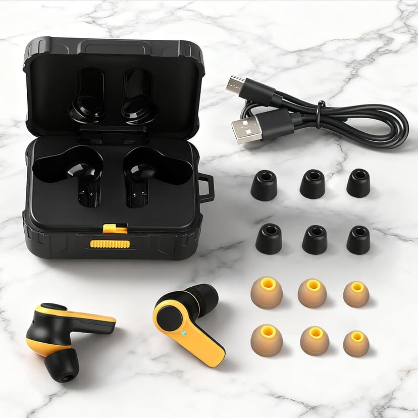 ToolFun Bluetooth 6.0 Jobsite Earbuds, 70H Playtime, IP56 Waterproof, 30dB SNR Noise Cancelling, ENC, Heavy Duty True Wireless Ear Buds for Outdoor Work, Construction with 12pcs Earplugs