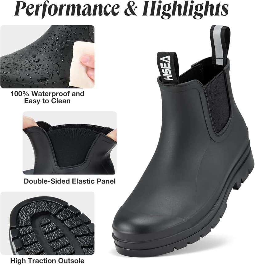 HISEA Women's Short Rain Boots Fashion Waterproof Chelsea Boots Ankle Garden Shoes for Ladies Non Slip Outdoor Work Booties Lightweight Rubber Rainboots with Comfort Insole