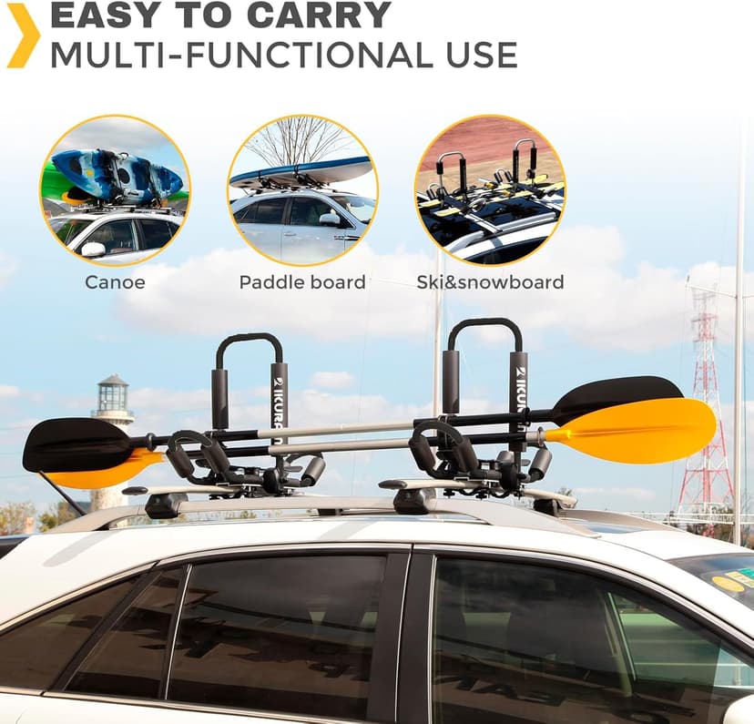 Kayak Roof Rack, Aluminum Kayak Carrier Folding J-Style Universal 4-in-1 Multifunction for Canoe, SUP, Kayaks, Surfboard Rooftop Mount on SUV, Car and Truck Crossbars, Black