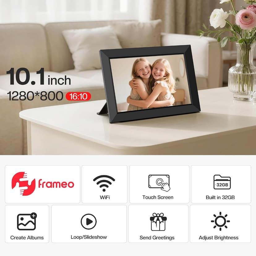 1280x800 HD IPS Touch Screen, Slideshow, Auto-Rotate, Tabletop/Wall, Send Photos/Videos from Phone, Gifts for Mom - Black Frameo 10.1" WiFi Digital Picture Frame, Electronic Photo Frames - 32GB B0D8JDPKKS