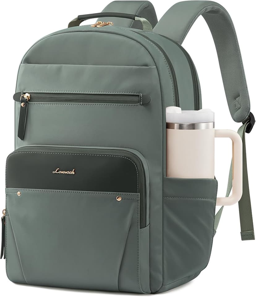 LOVEVOOK Laptop Backpack for Women with 2X Extra-Large Tumbler Pockets, 15.6" Work Backpack Purse, Travel Personal Item Bag, Carry On Business Computer Bag for Office, School, or Gift, Sage Green