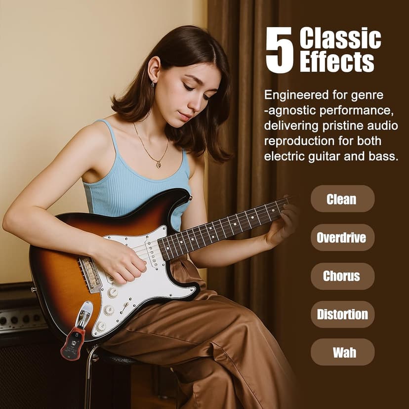 OW Portable Headphone Amp Synthesizer Pocket Plug Amplifier Rechargeable for Electric Guitar with Bluetooth Receiver Support 5 Effects: Clean/Chorus/Flanger/Metal/Wah