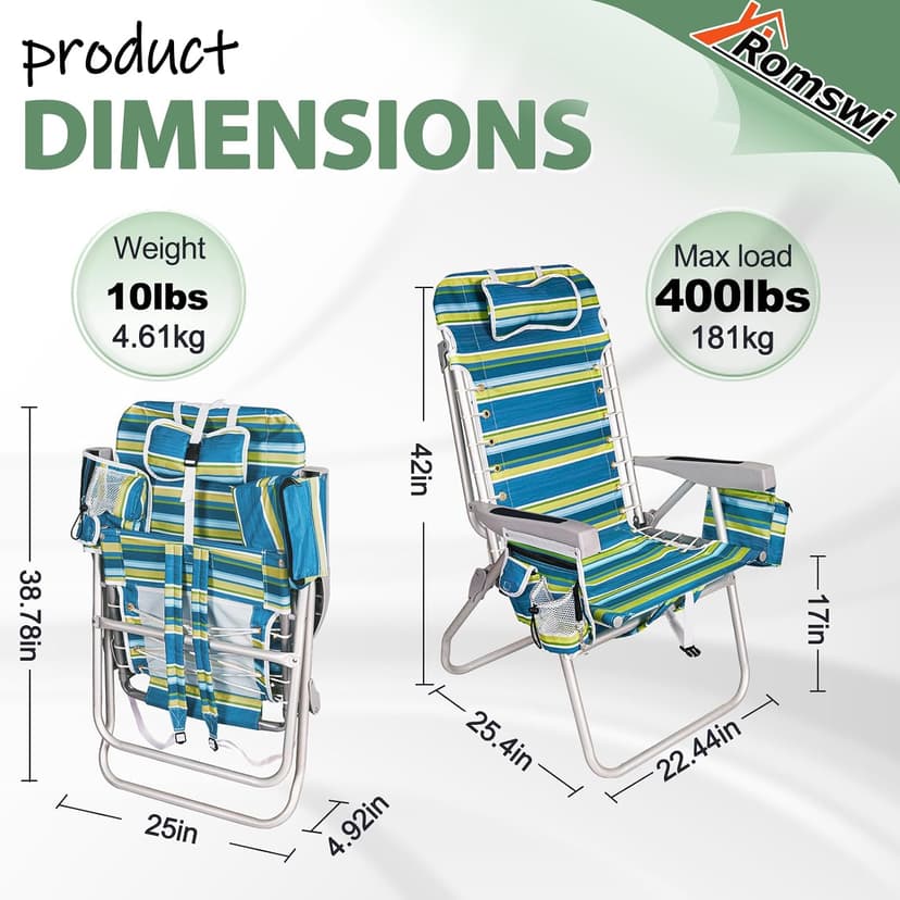 Romswi Tall Beach Chair Extra Wide for Adults, 17" High Seat Backpack Beach Chair with Cooler Bag, Cup & Phone Holder, 5-Position High Back Reclining Chair with Towel Bar & Zipper Pocket, Blue Stripes