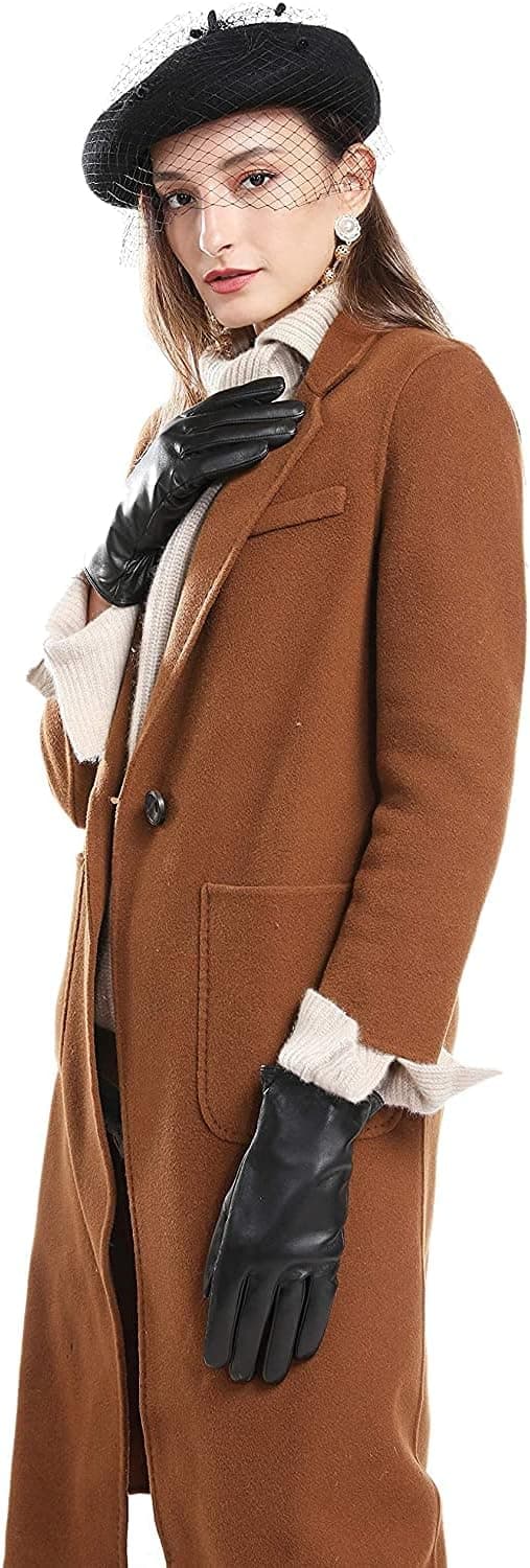 FEIQIAOSH Winter Leather Gloves for Women, Premium Sheepskin Warm Gloves for Cold Weather, Fleece Lining Touch Screen Glove