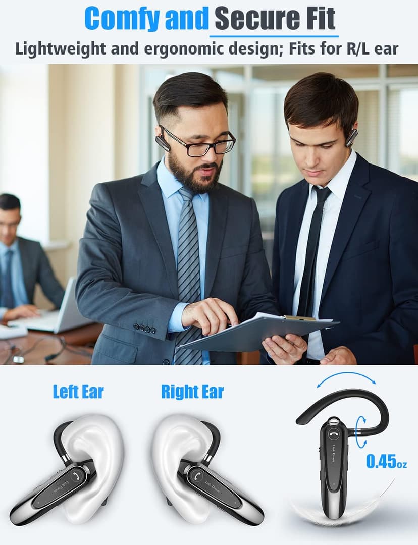Link Dream Bluetooth Earpiece Wireless CVC8.0 Headset for Cell Phone Dual Mic Noise Canceling Earpiece Phone with Mute Key 20H Talk 180 Days Standby for iPhone Android Home Office Driving (1 Pack)