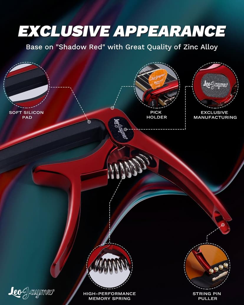 Leo Jaymz Heavy Duty Guitar Capo for Acoustic/Electric Guitars, Guitar Clip made of Zinc Alloy Metal, Guitar Clamp for Bass Classical Guitar, Ukulele, Mandolin,Banjo (Shadow Red)