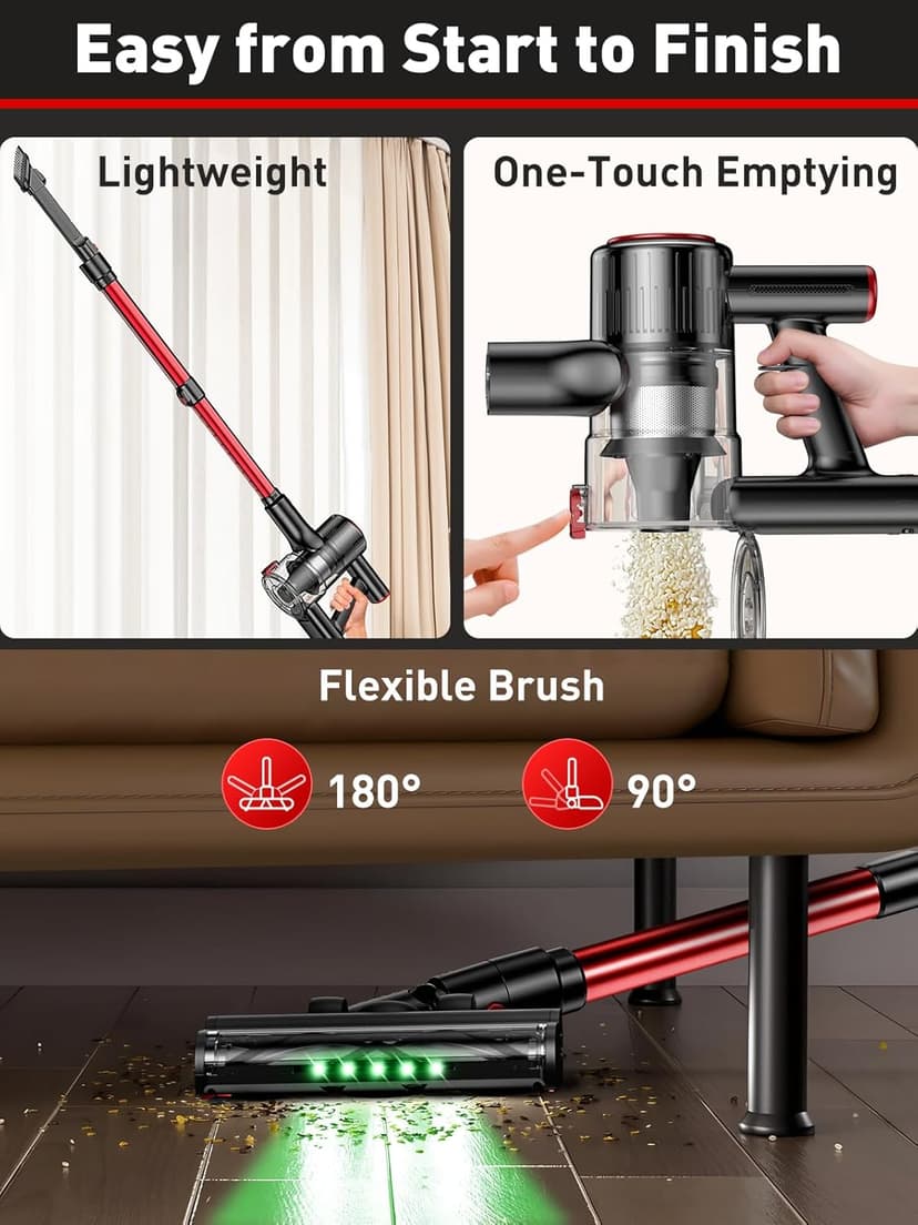 Cordless Vacuum Cleaner, 45KPA 8-in-1 Vacuum Cleaners for Home, 50Mins Runtime, Anti-Tangle Stick Vacuum with LED Display, Rechargeable Lightweight Vacuum for Pet Hair/Carpet/Floor (Red) (Red)