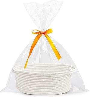 Pro Goleem Small Woven Basket with Gift Bags and Ribbons Durable Baskets for Halloween Gifts Empty Small Rope Basket for Storage 12"X 8" X 5" Baby Toy Baskets with Handles, White