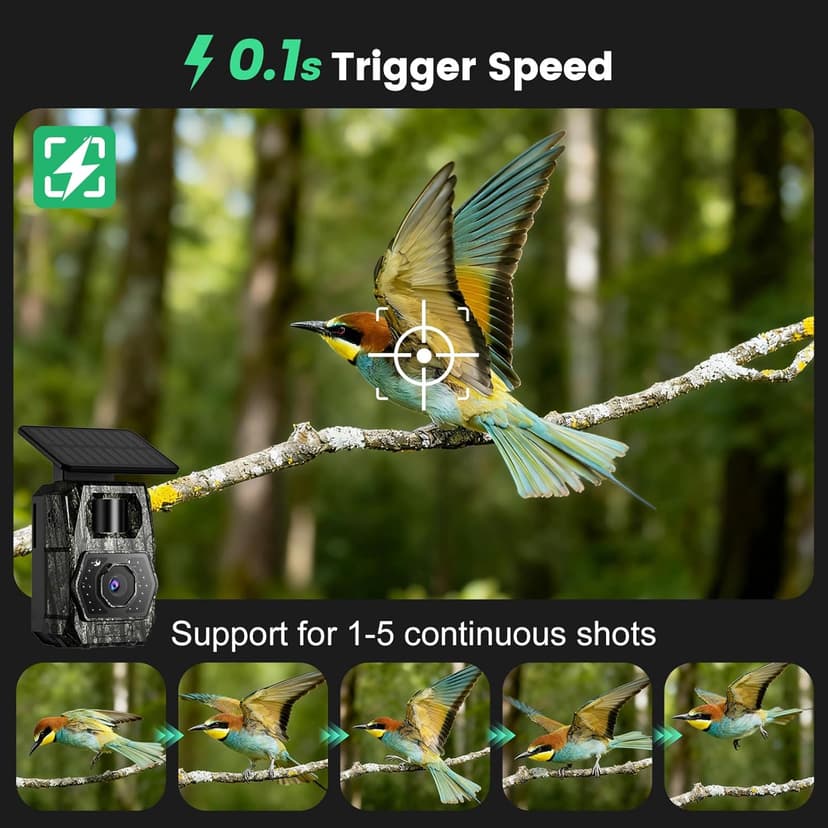 MAXDONE Solar Trail Camera WiFi Bluetooth - 48MP 30fps Game Camera with 5200mAh Rechargeable Battery, 0.1s Trigger Speed Motion Activated Trail Cam IP66 with 32GB TF Card for Wildlife Monitoring