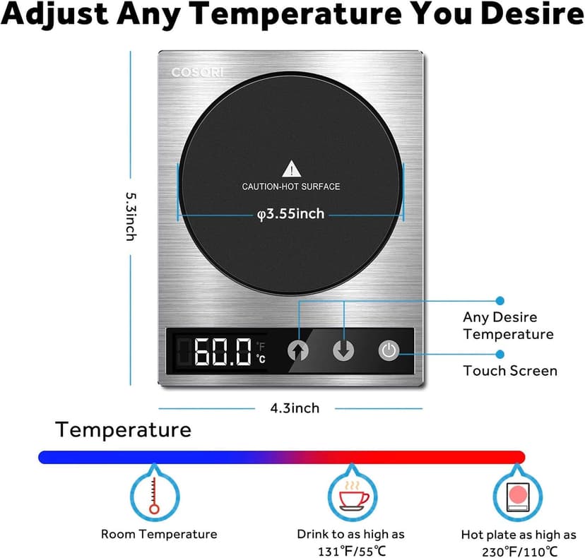 COSORI Coffee Mug Warmer & Mug Set for Desk, Cup Heater, Office & Christmas Gifts, 1°F Precise Temperature Control, Touch Tech & LCD Digital Display (77-194℉), 304 Stainless Steel, Silver/Black