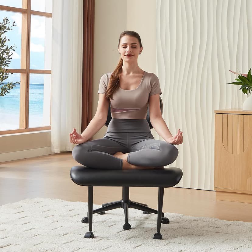 Bestier Cross Legged Office Chair with Wheels, Ergonomic Wide Meditation Chair for Adults up to 300 lbs, 360° Swivel Seat for ADHD, Strong Lumbar Support for Kneeling Meditation Black PU Leather
