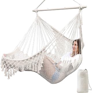 Chihee Hammock Chair Handmade Hanging Chair Cotton Rope Woven Hanging Seat Soft-Spun Large Stretch Hammock Swing, Collapsible Strong Metal Spreader Bar Elegant Macrame Comfort Indoor Outdoor Garden