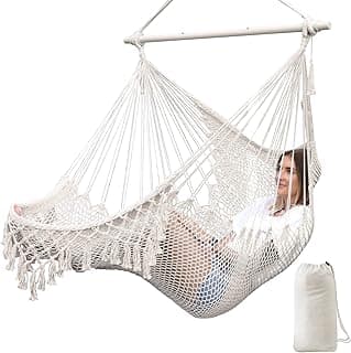 Chihee Hammock Chair Handmade Hanging Chair Cotton Rope Woven Hanging Seat Soft-Spun Large Stretch Hammock Swing, Collapsible Strong Metal Spreader Bar Elegant Macrame Comfort Indoor Outdoor Garden